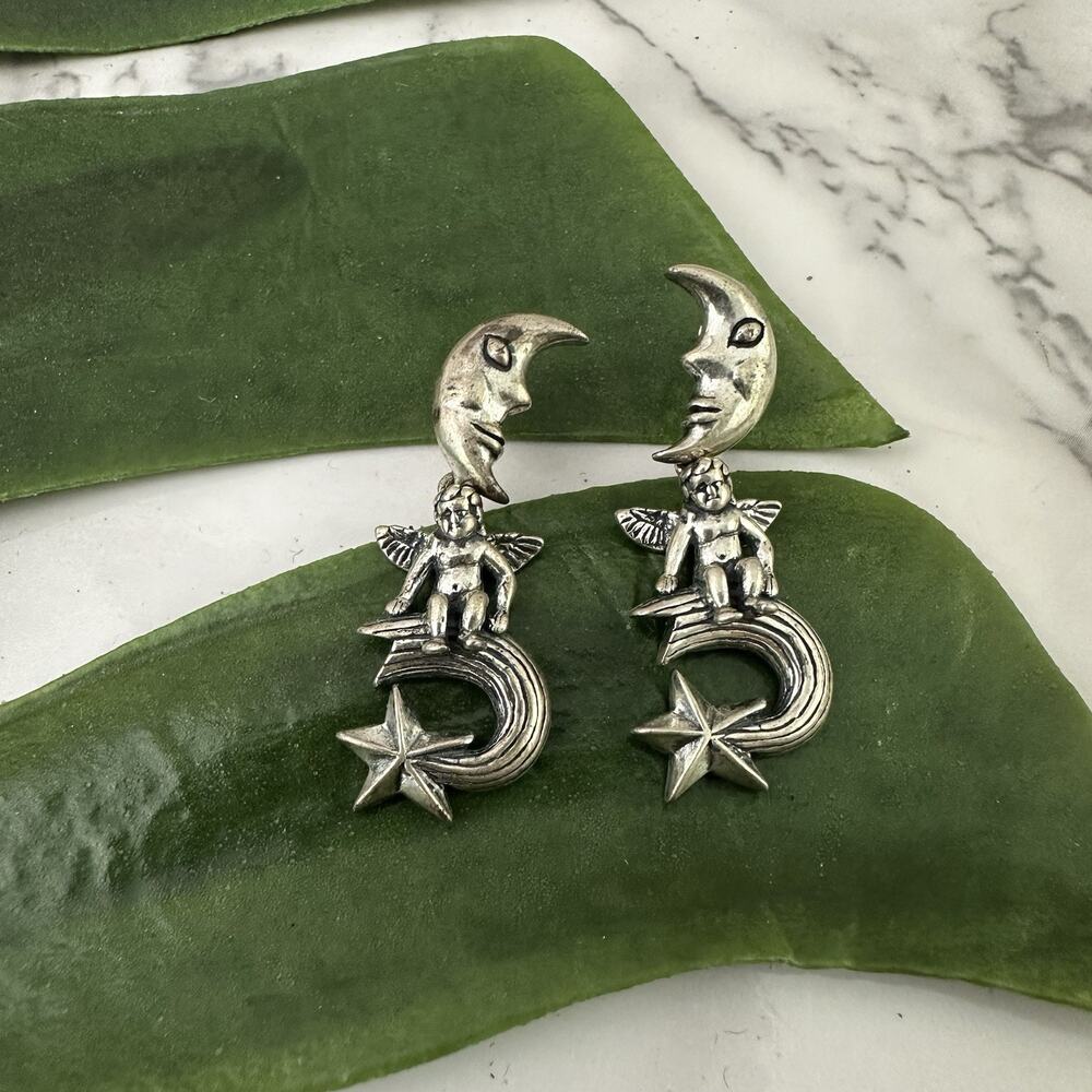 Kabana Vintage Sterling Silver 925 Earrings Moon Stars Angel Stud Celestial